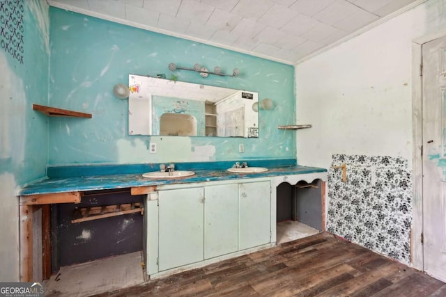 interior space featuring dark hardwood / wood-style floors, ornamental molding, and sink