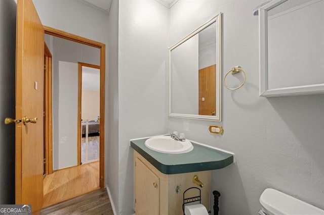 bathroom featuring wood-type flooring, vanity, and toilet