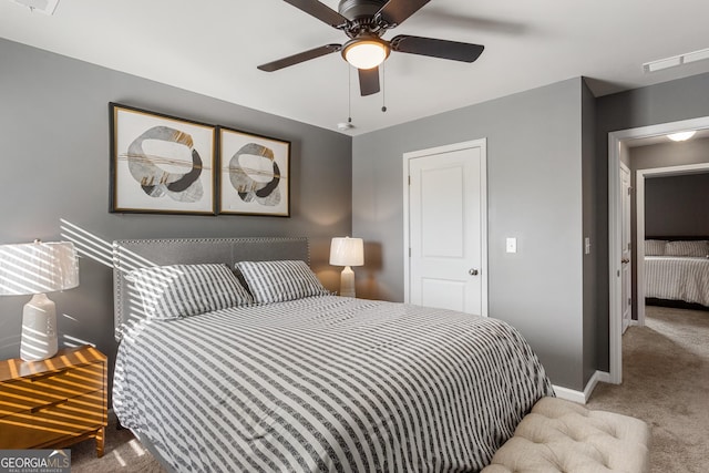 bedroom featuring carpet flooring and ceiling fan