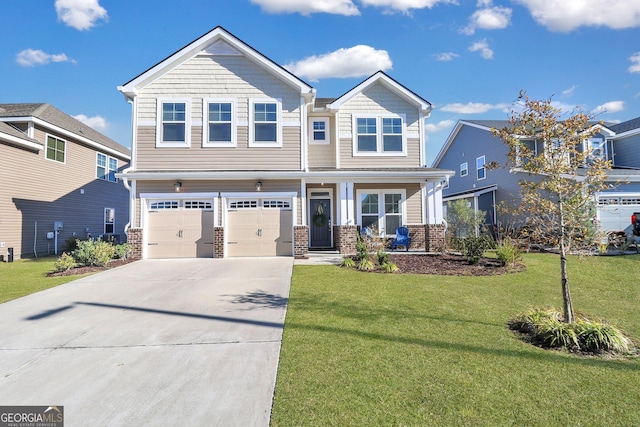 view of front of home featuring a front yard and a garage