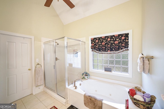 bathroom featuring tile patterned floors, ceiling fan, independent shower and bath, and vaulted ceiling