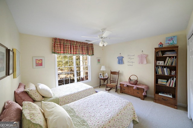 bedroom featuring carpet floors and ceiling fan