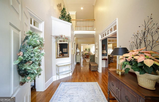 foyer entrance featuring a towering ceiling and dark wood-type flooring