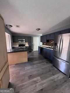 kitchen with blue cabinetry, dark hardwood / wood-style floors, kitchen peninsula, and stainless steel appliances