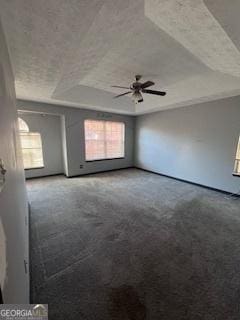 carpeted spare room with a wealth of natural light and ceiling fan