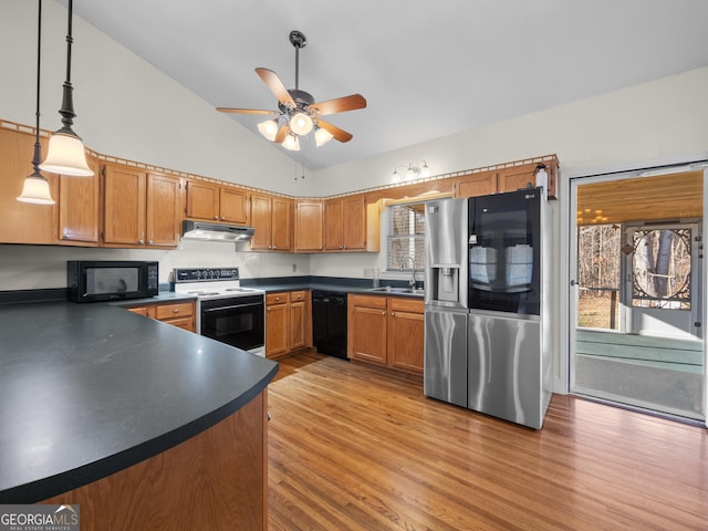 kitchen with ceiling fan, sink, light hardwood / wood-style flooring, decorative light fixtures, and black appliances