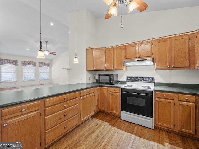 kitchen with pendant lighting, high vaulted ceiling, white electric range, ceiling fan, and light hardwood / wood-style floors