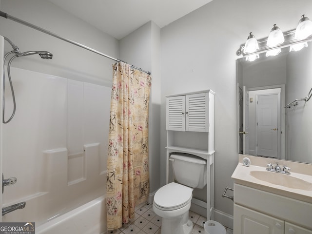 full bathroom featuring vanity, shower / bathtub combination with curtain, and toilet