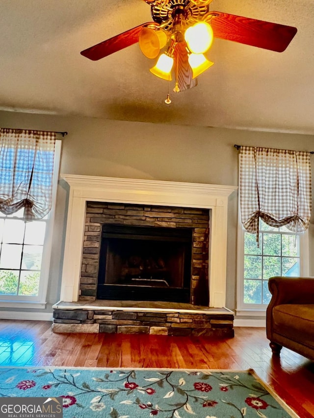 room details with wood-type flooring and a stone fireplace