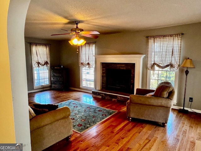 living room with ceiling fan, a healthy amount of sunlight, and wood-type flooring