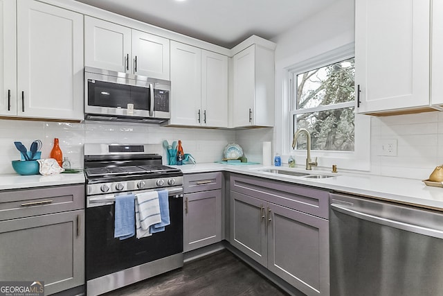 kitchen with backsplash, white cabinets, sink, dark hardwood / wood-style floors, and stainless steel appliances