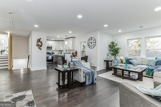 living room featuring dark wood-type flooring