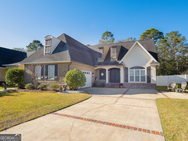 cape cod home with a front yard and a garage