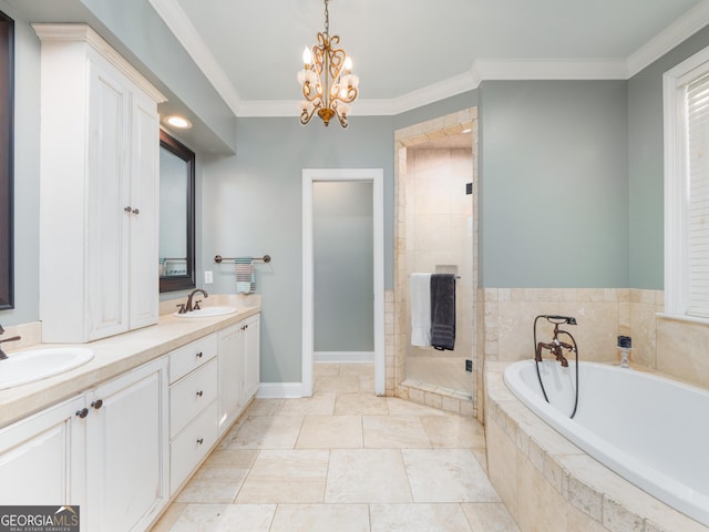 bathroom with a chandelier, vanity, plus walk in shower, and ornamental molding