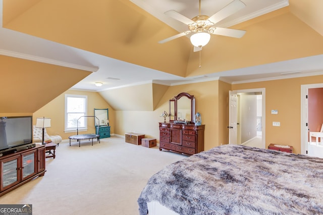 bedroom featuring ceiling fan, carpet floors, crown molding, and lofted ceiling