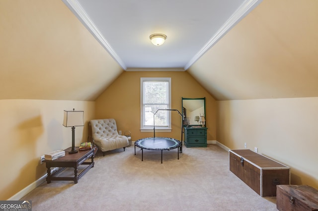 sitting room featuring light colored carpet, vaulted ceiling, and ornamental molding