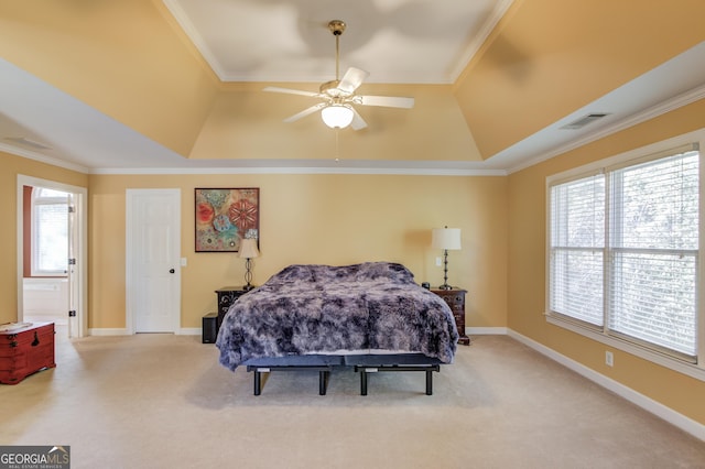 carpeted bedroom with a raised ceiling, multiple windows, ceiling fan, and ornamental molding