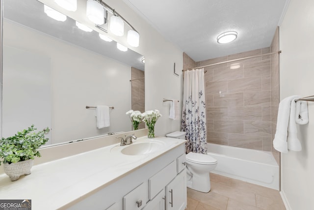 full bathroom with tile patterned flooring, a textured ceiling, toilet, vanity, and shower / tub combo