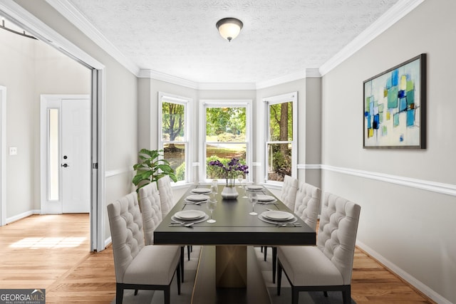 dining space with a textured ceiling, hardwood / wood-style flooring, and ornamental molding