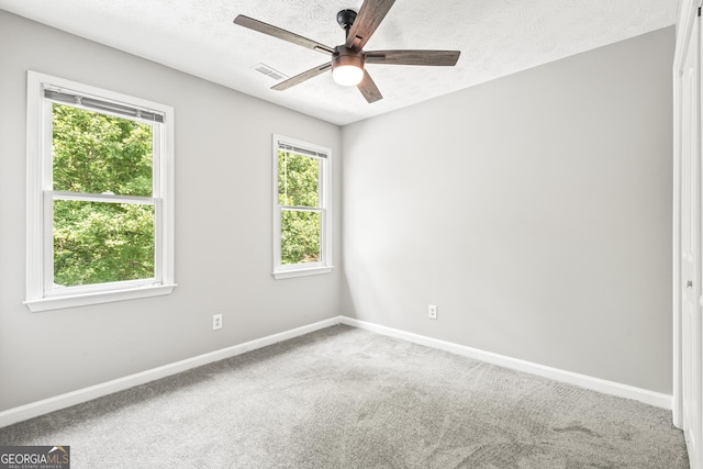 carpeted empty room featuring a textured ceiling, plenty of natural light, and ceiling fan