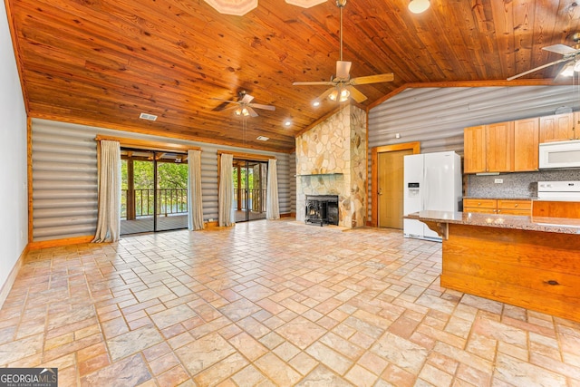 kitchen with high vaulted ceiling, wooden ceiling, white appliances, open floor plan, and ceiling fan