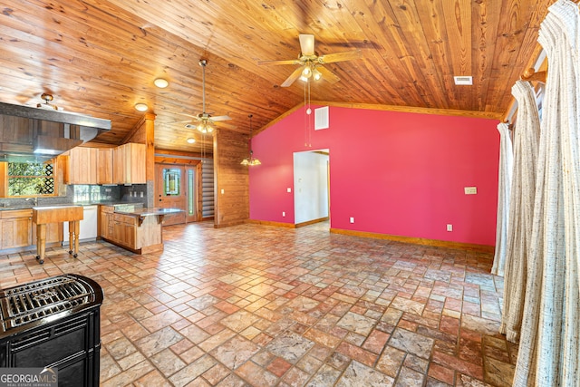 kitchen with backsplash, ceiling fan, light brown cabinets, high vaulted ceiling, and wooden ceiling