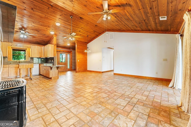 kitchen with visible vents, a ceiling fan, wooden ceiling, baseboards, and open floor plan