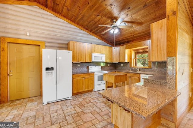 kitchen featuring lofted ceiling, wooden ceiling, white appliances, and a sink