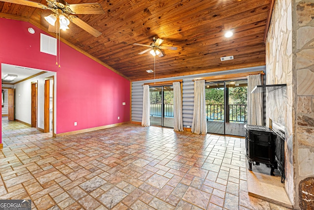 unfurnished living room featuring ceiling fan, high vaulted ceiling, wooden ceiling, and ornamental molding