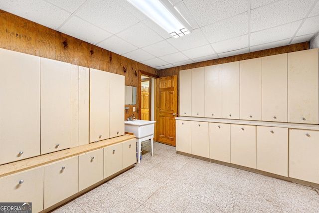 basement featuring a paneled ceiling and wooden walls