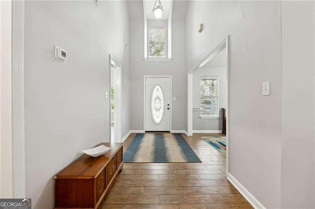 foyer entrance featuring plenty of natural light, dark hardwood / wood-style flooring, and a high ceiling