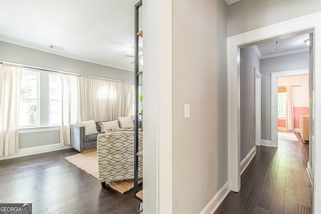 corridor with crown molding, plenty of natural light, and dark wood-type flooring