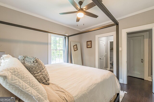 bedroom with dark hardwood / wood-style floors, ceiling fan, and ornamental molding