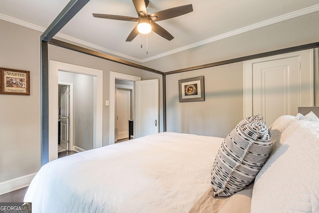 bedroom with ceiling fan, crown molding, and wood-type flooring