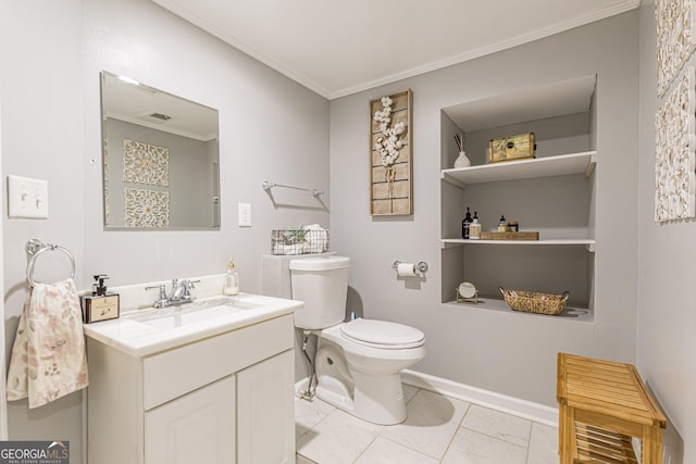 bathroom featuring tile patterned flooring, toilet, vanity, and ornamental molding