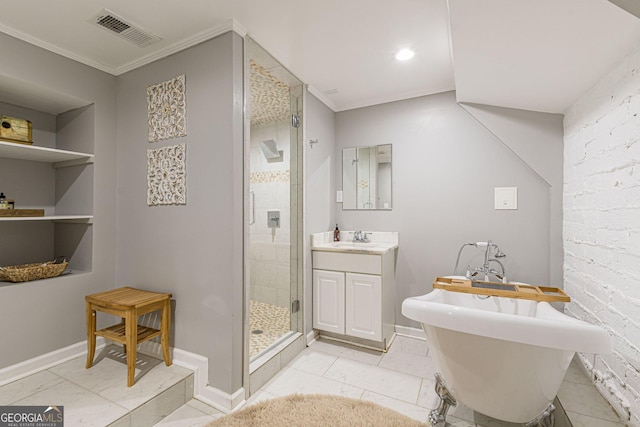 bathroom featuring tile patterned floors, vanity, ornamental molding, and plus walk in shower