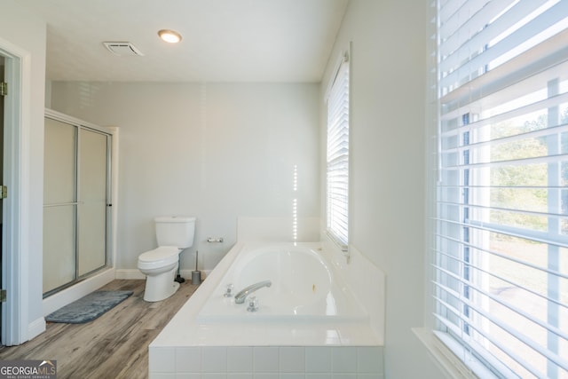 bathroom with plenty of natural light, toilet, and wood-type flooring