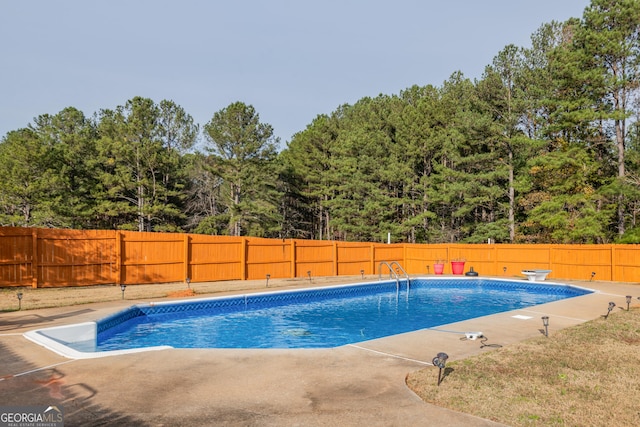 view of swimming pool with a diving board