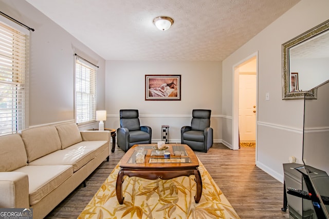 living room with hardwood / wood-style floors and a textured ceiling