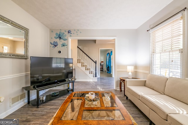 living room featuring dark hardwood / wood-style flooring and a textured ceiling