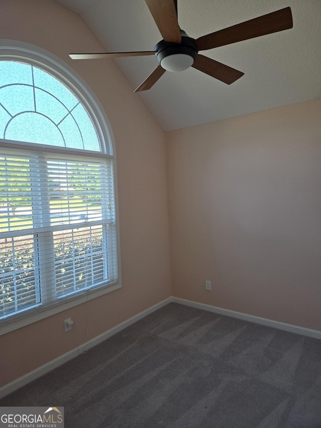 unfurnished room with a wealth of natural light, lofted ceiling, ceiling fan, and carpet