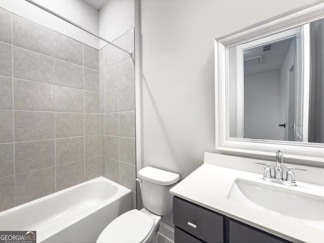 bathroom with toilet,  shower combination, visible vents, and vanity