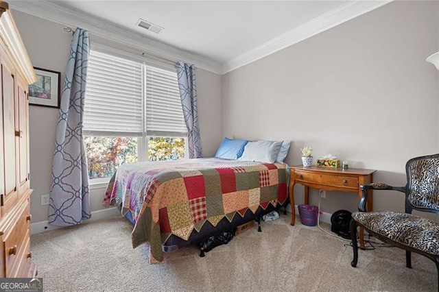 bedroom featuring light carpet and ornamental molding