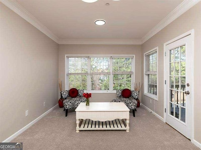 sitting room with light colored carpet and ornamental molding