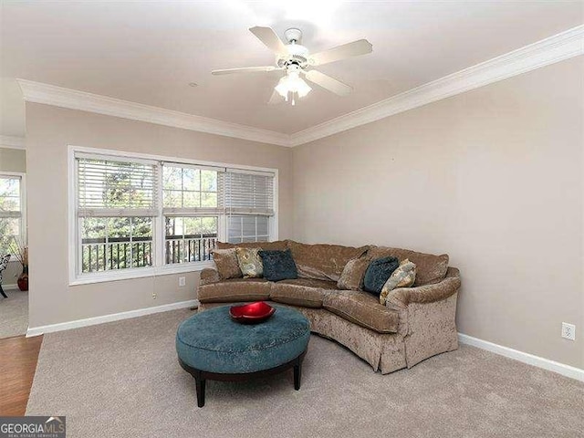 living room featuring carpet flooring, ceiling fan, and crown molding