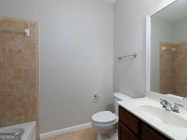 full bathroom with toilet, shower with separate bathtub, vanity, and tile patterned floors