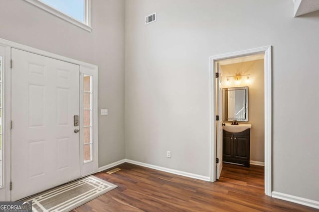 foyer with dark hardwood / wood-style floors, sink, and a high ceiling