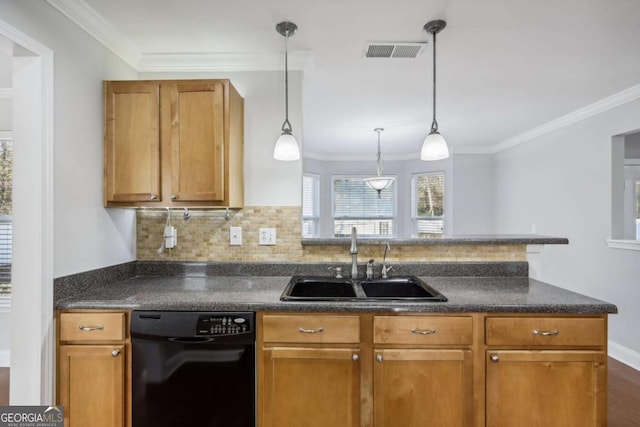 kitchen with sink, dishwasher, ornamental molding, decorative backsplash, and decorative light fixtures