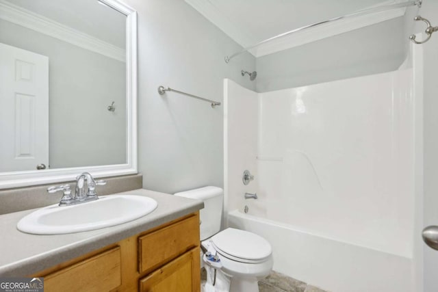 full bathroom with crown molding, toilet, vanity, and  shower combination