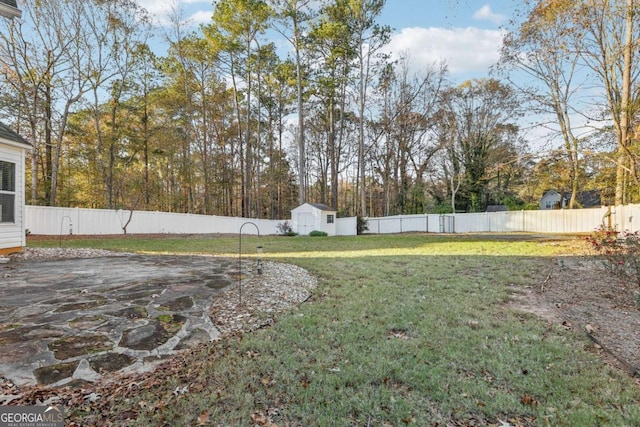 view of yard with a storage shed and a patio area